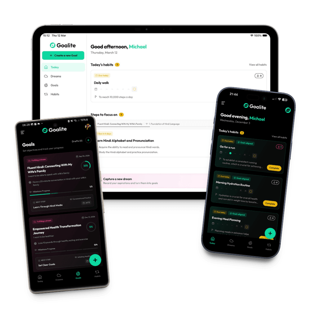 Goalite app on multiple mobile devices