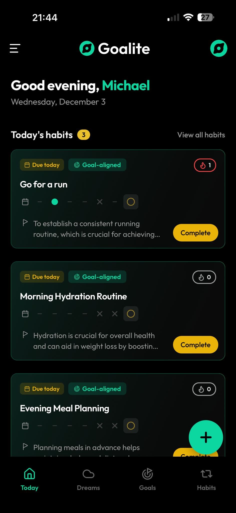Goalite iOS App - Home Screen